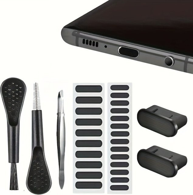 Multifunktionales USB-C Reinigungsset für Smartphone und PC in Schwarz mit Tastatur-Staubbürste, Lautsprecherschutz und Port-Staubsteckern - Bild 1