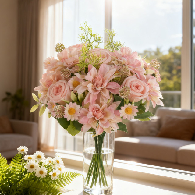 ZQCY Künstliche Blumen Arrangement aus Seide in Pink mit Rosen und Dahlien für Tischdeko, Hochzeit und Valentinstag - Bild 1