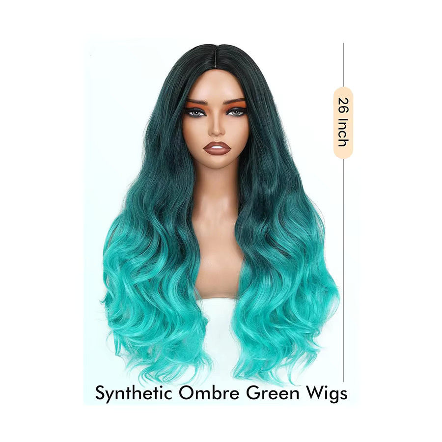 WENYAN Perücke, Body Wave, 26 Zoll, blaugrüne Ombre, hitzebeständiges Kunsthaar, Damen - Bild 2