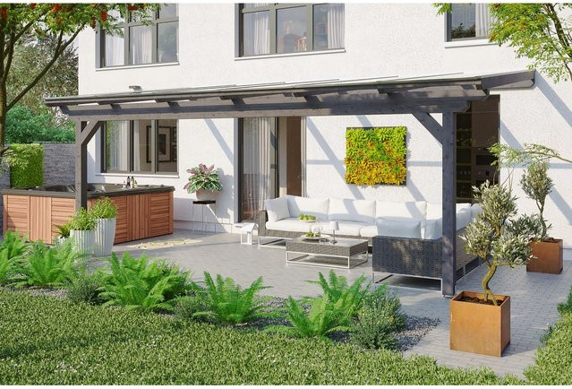 Skan Holz Terrassenüberdachung Ancona aus Leimholz in Schiefergrau mit Polycarbonat-Dach, Breite: 648 cm, Tiefe: 300 cm - Bild 1