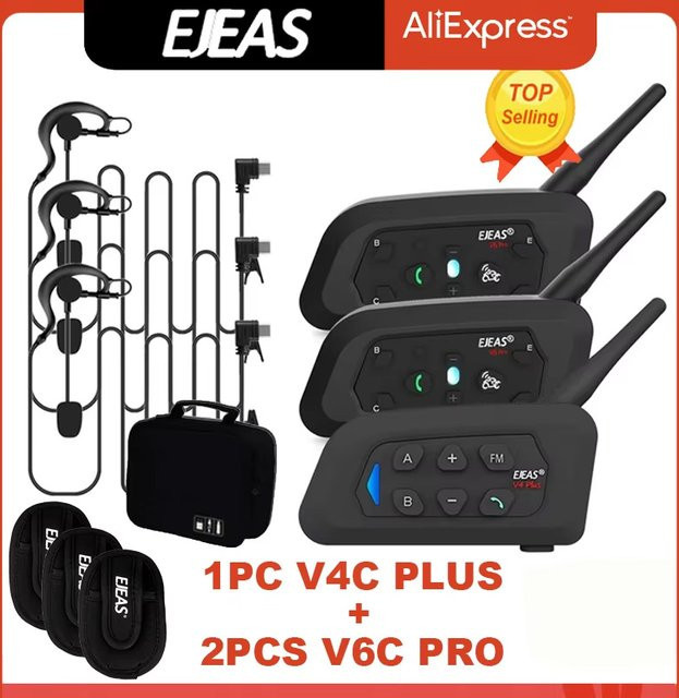 EJEAS V4C PLUS und 2 Stück V6C PRO Bluetooth Intercom Headset für 3 Benutzer, Voll Duplex Sprechanlage in Schwarz - Bild 1