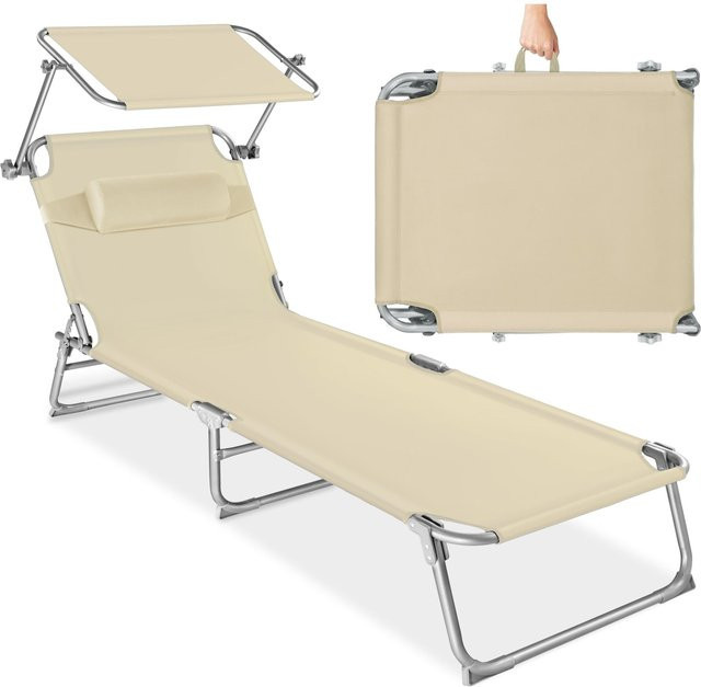 tectake Sonnenliege Chloé klappbar mit Sonnendach und verstellbarem Kopfpolster beige B/T/H: 190 x 68 x 111 cm - Bild 1