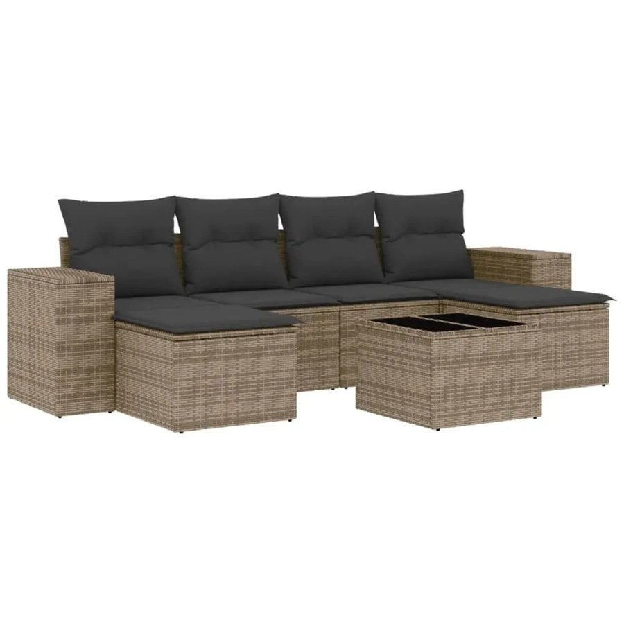 vidaXL 7-teilige Garten-Sofagarnitur in L-Form aus Poly Rattan mit Kissen und Couchtisch in Grau - Bild 2