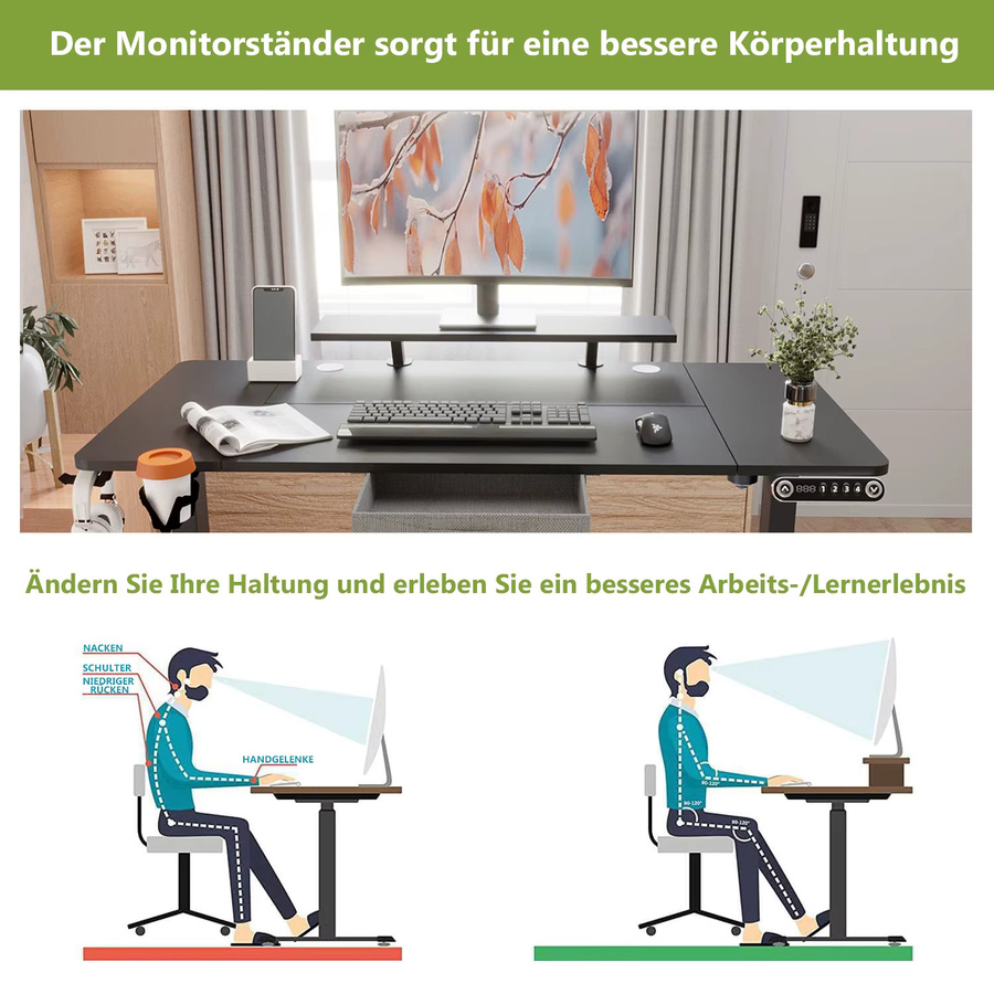Radlove Elektrischer Schreibtisch Höhenverstellbar mit Monitorständer und Schublade, Schwarz, Breite: 140 cm - Bild 4
