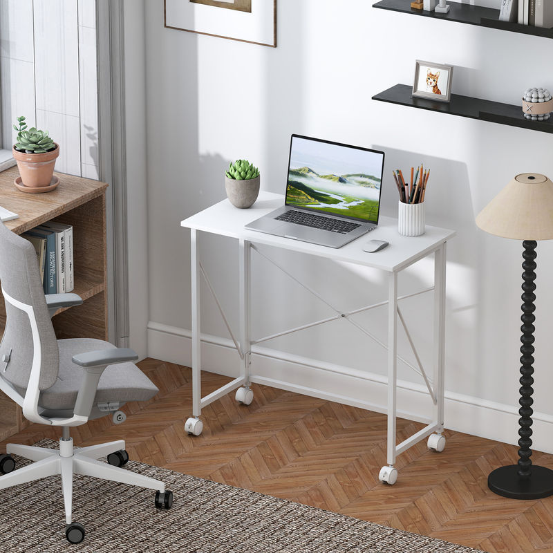 HOMCOM Schreibtisch Computertisch mit Rollen in modernem Design, faltbarer Bürotisch mit Stahlgestell für Home Office und Schlafzimmer, Weiß, B: 80 cm, T: 40 cm, H: 75 cm - Bild 2