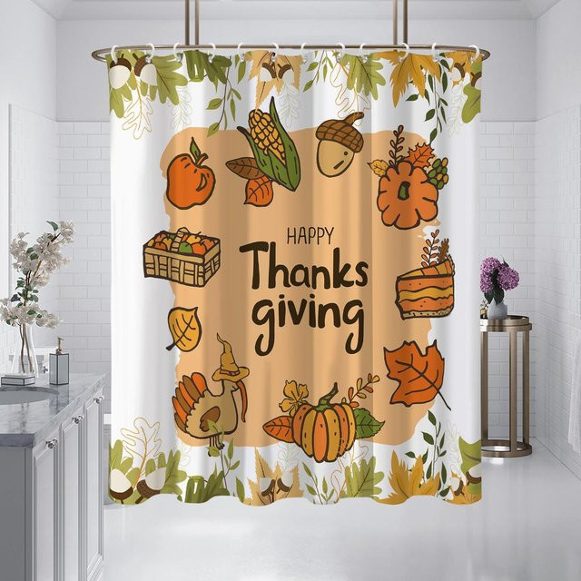 Wasserdichter und schimmelresistenter Duschvorhang mit Thanksgiving Kürbismuster in Beige, B/H: 180 x 180 cm - Bild 1