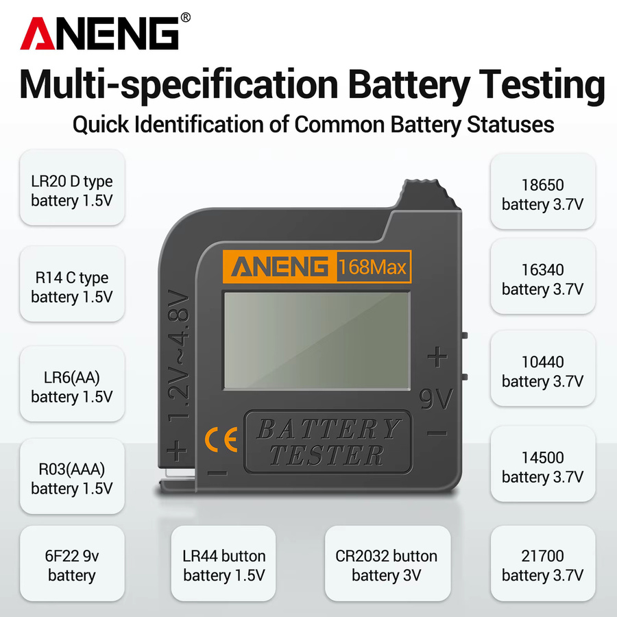 ANENG 168MAX Batterietester mit Digitalanzeige für C-, D-, AA-, AAA- und Knopfzellen in Schwarz - Bild 3