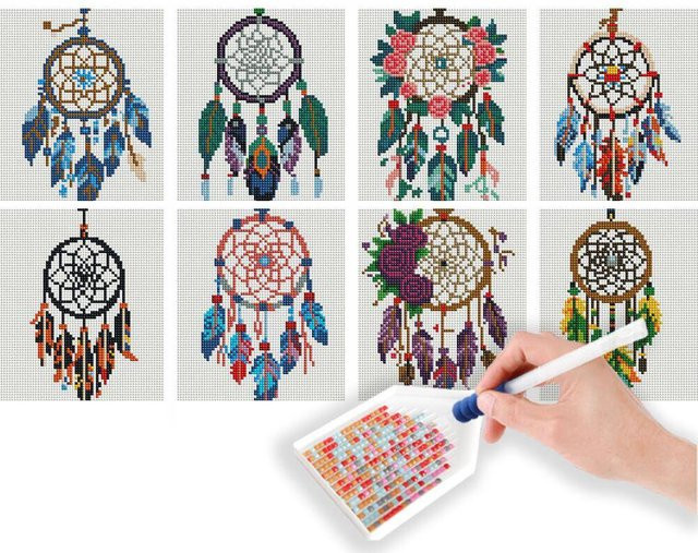 Huacan 8er Set Mini-Diamantgemälde Traumfänger und Blumen als Mosaik-Wanddekoration zum Selbermachen - Bild 1