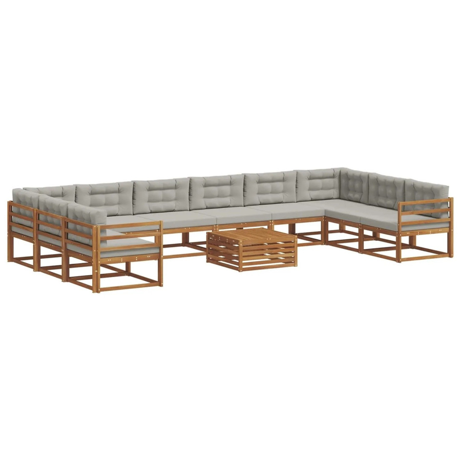 vidaXL Outdoor-Sofagarnitur aus Akazienholz in U-Form mit Kissen, 11-teiliges Set, Farbe: Natur und Grau - Bild 2
