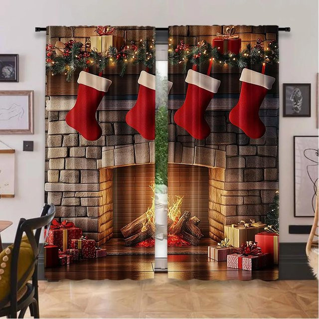 2er-Set Weihnachtsvorhänge aus Polyester in Rot und Schwarz für deine Weihnachtsdekoration, B/H: 75 x 166 cm - Bild 1