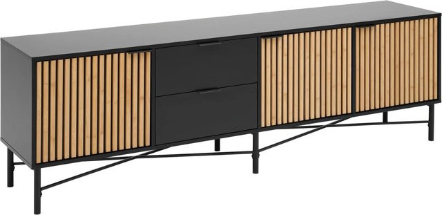 Mömax Lowboard Madrid in Natur und Schwarz aus Echtholz mit Soft-Close-Schubladen, B/T/H: 195 x 40 x 60 cm - Bild 1