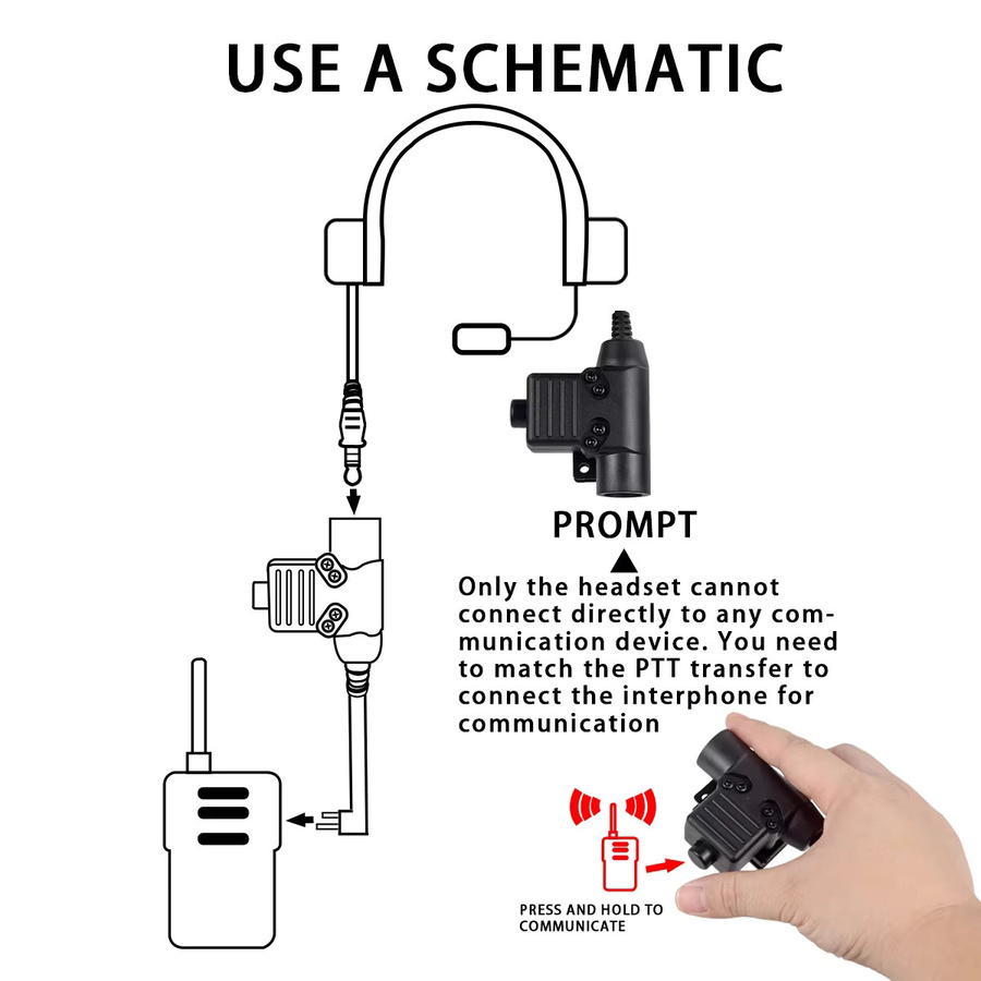 Taktischer U94 PTT Headset Adapter mit Kabel Stecker für Walkie Talkie Motorola, Baofeng UV-5R, TYT F8 und Kenwood in Schwarz - Bild 5