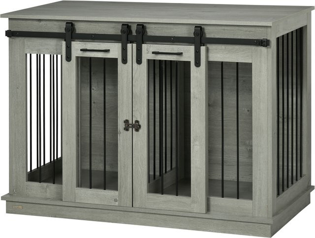 PawHut Hundebox mit Zweiraum-Option für mittelgroße Hunde, Hundehütte mit Doppeltüren, Grau, B/T/H: 120 x 60 x 88,5 cm - Bild 1