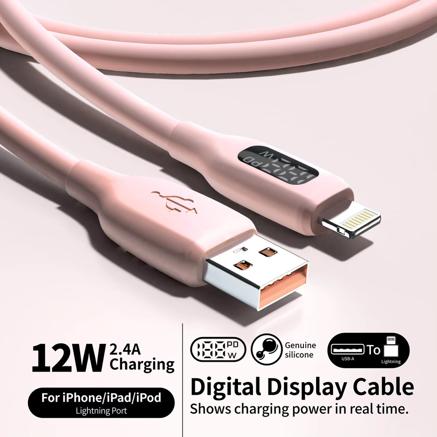 LAIHONEN MFI-zertifiziertes USB-A-auf-Lightning-Lade- und Datenkabel aus weichem Silikon mit LED-Digitalanzeige in Macaron-Pink für iPhone 14-8 Serie - Bild 3