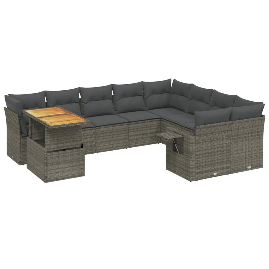 vidaXL 10-tlg. Garten-Sofagarnitur in L-Form aus Polyrattan und Akazienholz mit Kissen, Grau - Bild 2