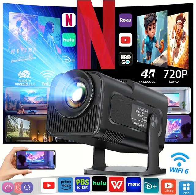 Sucetiho Projektor mit Android, 180 Grad drehbarer Standfuß, Wi-Fi 6 und Bluetooth 5.4, Native 720P Auflösung mit 4K Dekodierung und automatischer Trapezkorrektur - Bild 1