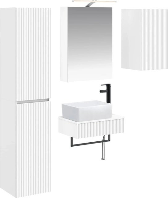 vidaXL Badezimmermöbel-Set 5-teilig in Weiß mit Spiegelschrank, Waschtischunterschrank, Glasfronten und LED-Beleuchtung - Bild 1