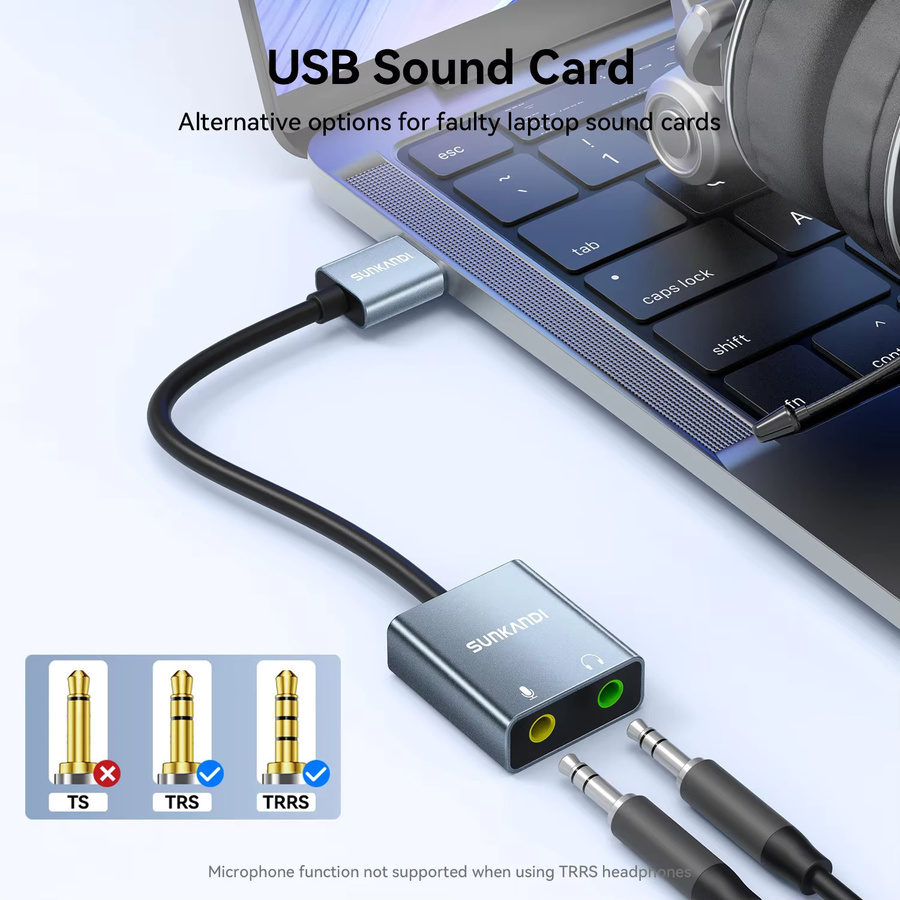 SUNKANDI USB-C Soundkarten-Adapter mit Dual 3,5 mm Klinkenanschluss für Kopfhörer und Mikrofon, kompatibel mit Windows, Mac und PC - Bild 2