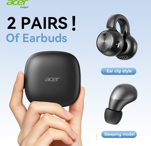 Acer Ohr817 Kabellose In-Ear-Clip-On Ohrhörer mit Bluetooth 6.0, Anrufgeräuschunterdrückung und Batterieanzeige in Schwarz und Beige - Bild 1