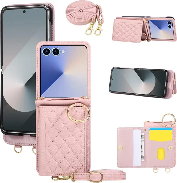 Flip7 Leder-Brieftaschenhülle für Samsung Galaxy Z Flip 7, 6, 5, 4, 3 mit Kartensteckplatz, Ringhalter und Umhängeband in Weiß oder Pink - Bild 1
