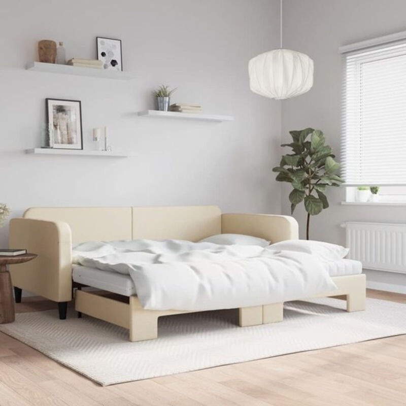 Vidaxl Funktionsbett Tagesbett ausziehbar mit Matratze in Beige aus Stoff und Metall - Bild 1