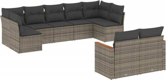 vidaXL 9-tlg. Garten-Sofagarnitur in U-Form aus Polyrattan und Akazienholz mit Kissen in Grau - Bild 1