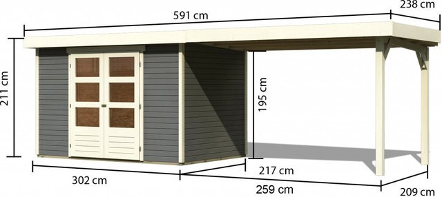 Gartenhaus ASKOLA 4 in Terragrau mit 280 m2 Anbaudach und 19 mm Wandstärke, B: 302 cm, T: 217 cm - Bild 1
