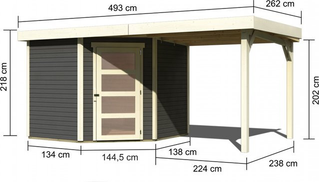 Karibu Gartenhaus Schwandorf 5 aus Holz in Terragrau mit Flachdach und Anbaudach B/H/T: 242 x 246 x 242 cm - Bild 4