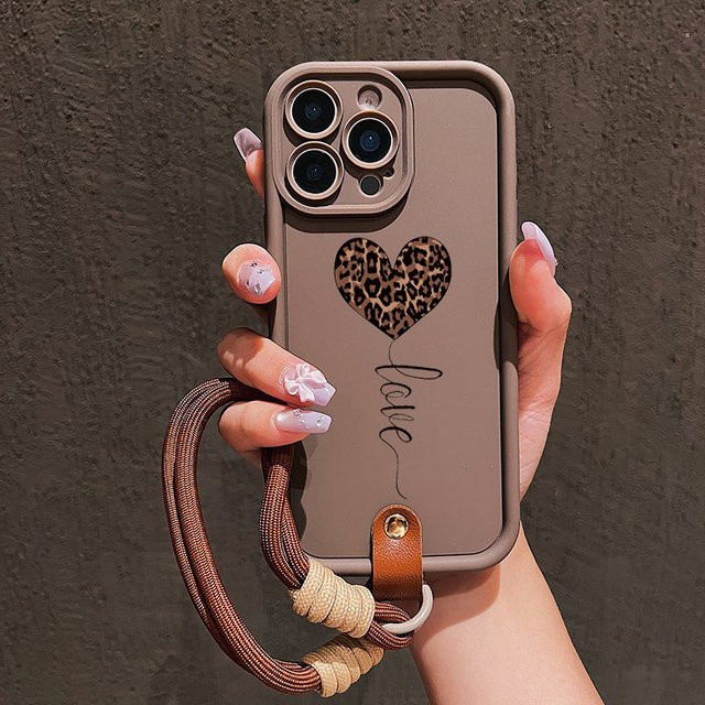 Handyhülle mit weichem Lanyard im Leopardenmuster und Liebesherz für iPhone 11 bis iPhone 17 Pro Max, Farbe: Braun - Bild 1
