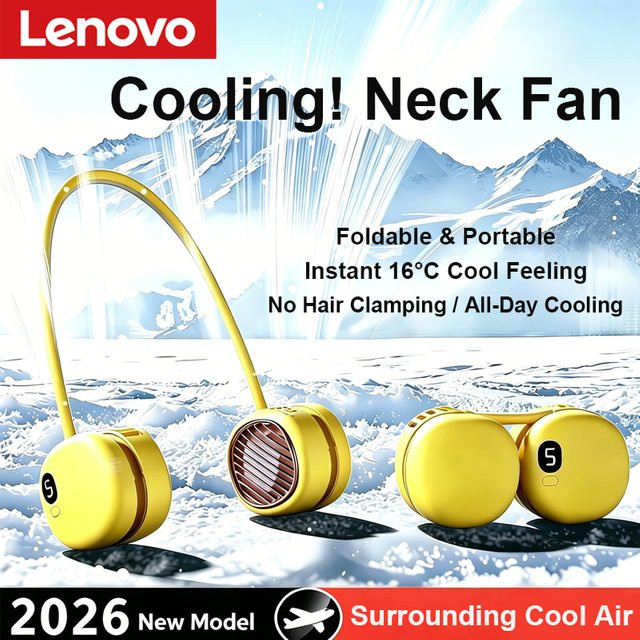 Lenovo Tragbarer Nackenventilator mit 5 Geschwindigkeiten und USB-Aufladung in Weiß oder Gelb - Bild 1