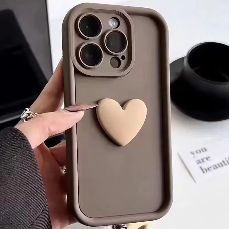 Stoßfeste Silikon Handyhülle mit 3D Herz-Design für iPhone, mattiert, Farbe: Braun - Bild 1