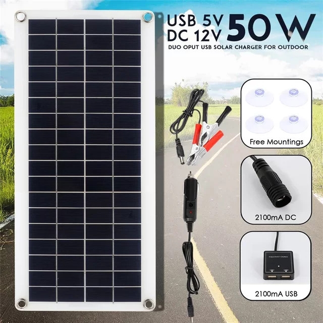 ZRGAE Solarpanel-Ladegerät 50 W, 12 V, monokristalline Solarzelle mit USB-Stromversorgung, Schwarz, tragbares Ladegerät für Camping, Auto und Outdoor - Bild 1