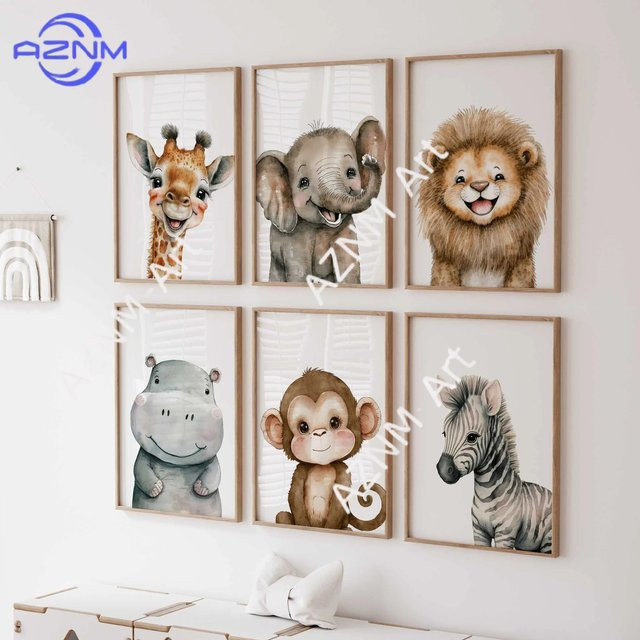 AZNM Kinder Leinwanddekoration Aquarell-Tiere als hängendes Poster mit Giraffe, Elefant und Löwe in Mehrfarbig - Bild 1