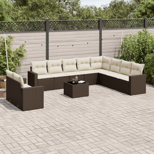 vidaXL 11-teilige Garten-Sofagarnitur in L-Form aus Polyrattan mit Kissen in Braun - Bild 3