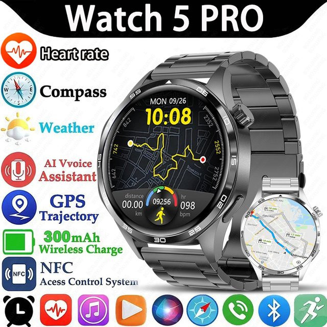 BOXUXING Smartwatch 5 Pro für Herren mit GPS, NFC und AMOLED-Bildschirm in Silber - Bild 1