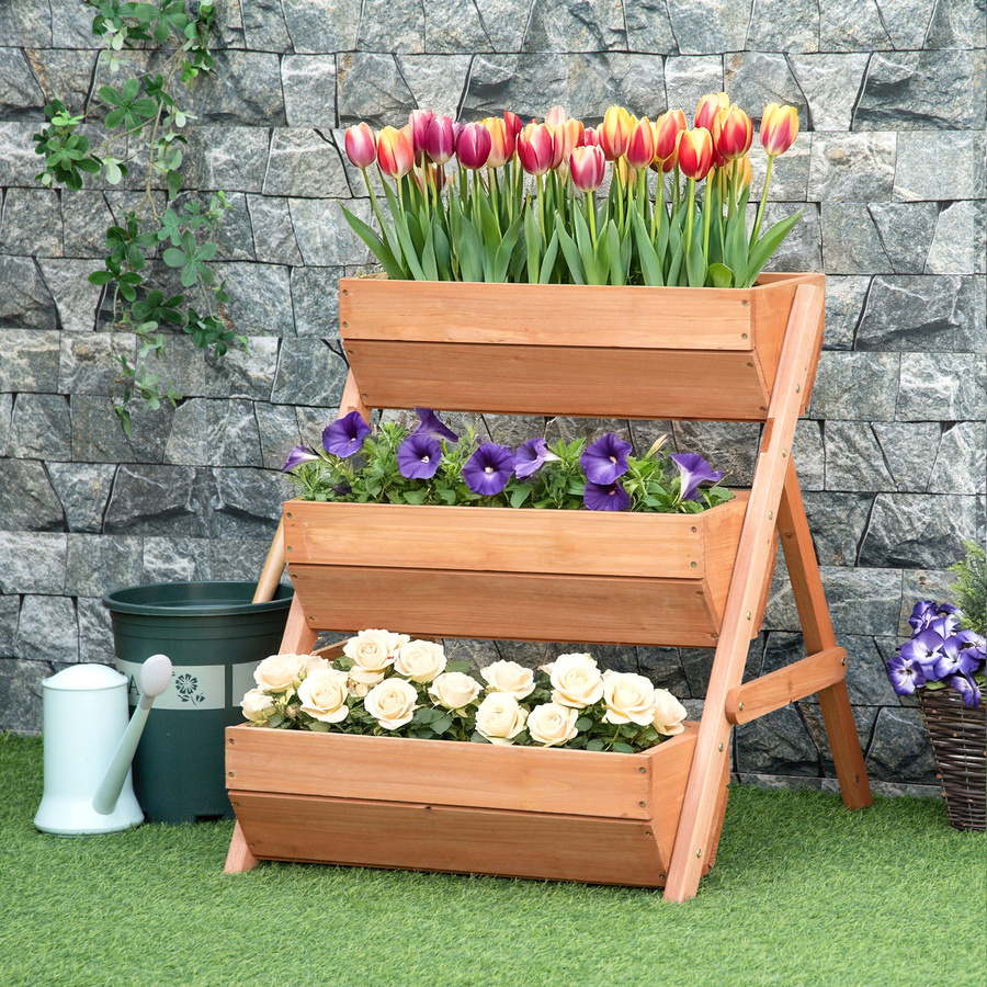 Outsunny Vertikales Hochbeet aus Holz mit 3 Etagen und Pflanzkästen, Braun, B: 65 cm, T: 75 cm, H: 76 cm - Bild 2