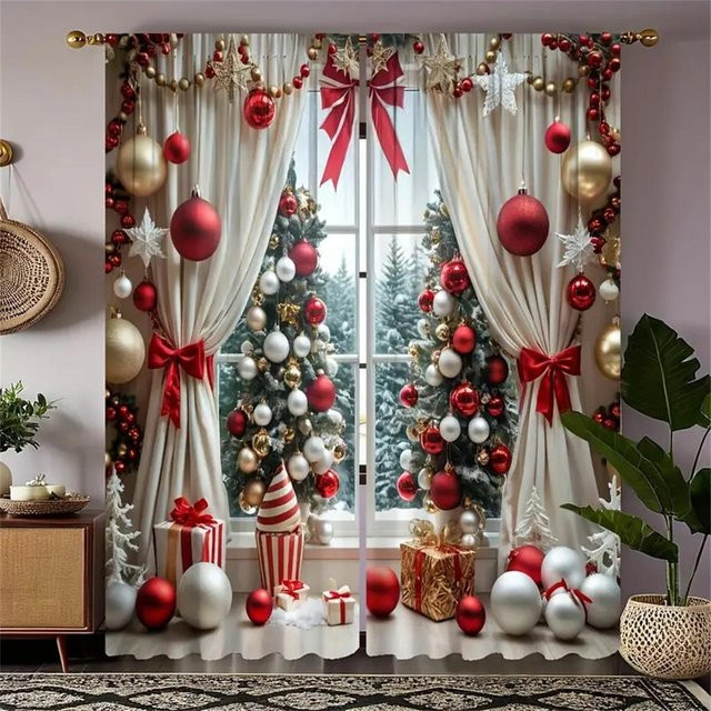 2er-Set Weihnachtsdekoration Vorhänge mit Digitaldruck und Ösen, halbtransparent, Mehrfarbig, B: 65 cm, H: 60 cm - Bild 1