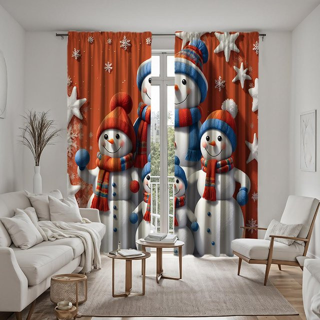 2er-Set Weihnachts-Dekovorhang Schneemann mit roter Krawatte, braun, B: 132 cm, H: 160 cm - Bild 1