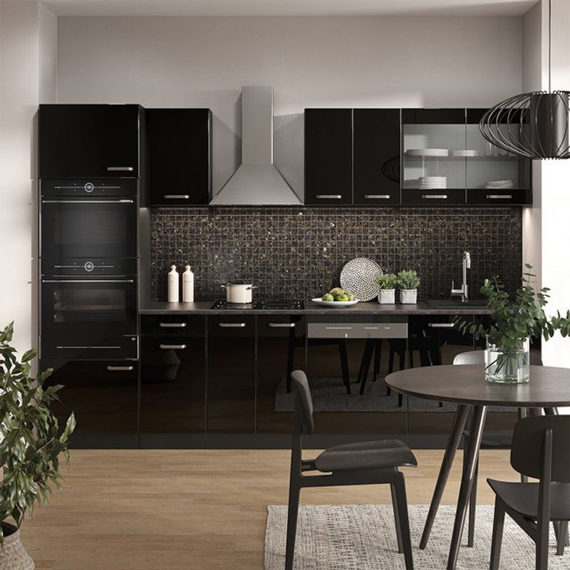 Vicco Küchenzeile R-line in Schwarz Hochglanz und Anthrazit mit Hochschrank und Marmor-Optik, Breite: 300 cm, Höhe: 207 cm, Tiefe: 60 cm - Bild 1