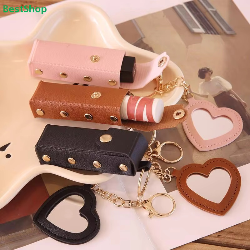 Lippenstift-Etui mit Herzspiegel, Mini-Kosmetiktasche aus Leder mit Schlüsselanhänger - Bild 2