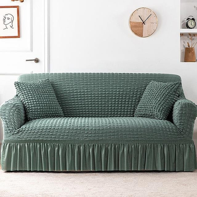 Yiran Furniture Seersucker Sofabezug für Ecksofas, elastischer L-förmiger Bezug in Grün - Bild 1
