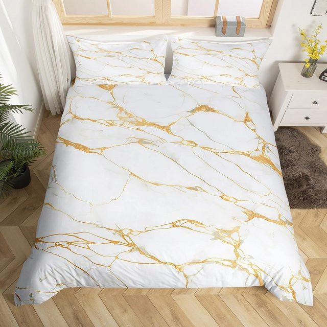 Marmor Bettwäsche-Set mit abstraktem Grafikdesign in Weiß, 3-teilig aus Polyester, B/H: 140 x 200 cm - Bild 1