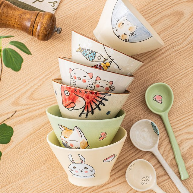Handbemalte japanische Keramik-Reisschüssel mit Cartoon-Bambushut-Design in Mehrfarbig für Kinder - Bild 1