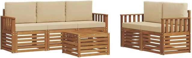 vidaXL Sofagarnitur 6-teilig aus Massivholz Akazie in Natur und Beige mit Tisch und Polstern im modernen Latten-Design - Bild 1