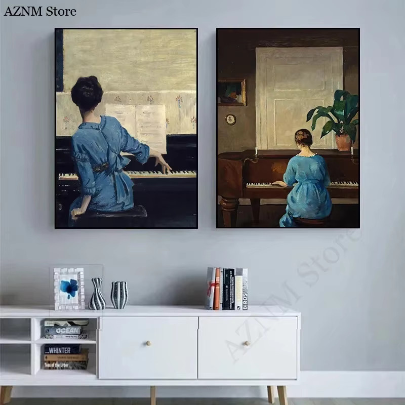 Potdemiel Vintage Leinwand Poster Mädchen am Spielklavier Mehrfarbig Wandkunst Bild ohne Rahmen - Bild 4