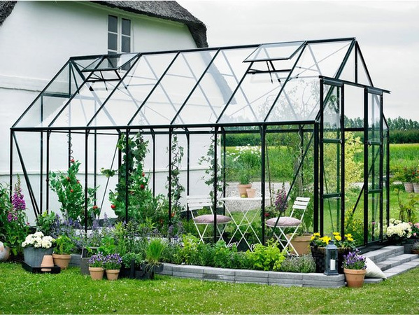 Halls Gewächshaus Magnum 148 in Grün mit 11,5 m² Glasfläche, Fundamentrahmen und Sicherheitsglas