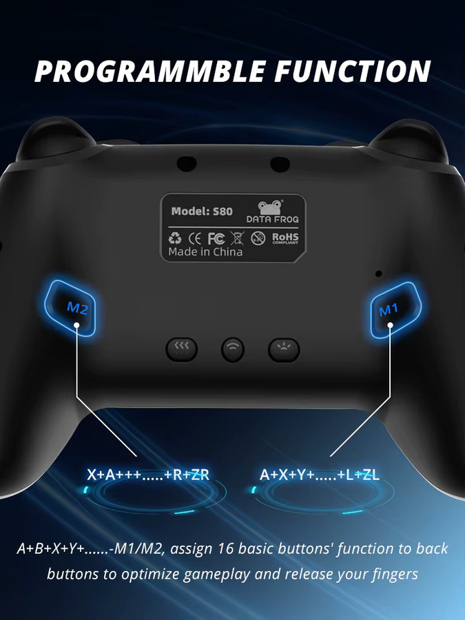 DATA FROG Wireless Controller für Nintendo Switch OLED und Lite, Bluetooth Pro Gamepad in Schwarz mit 1000 mAh Akku und programmierbarer Turbofunktion - Bild 2