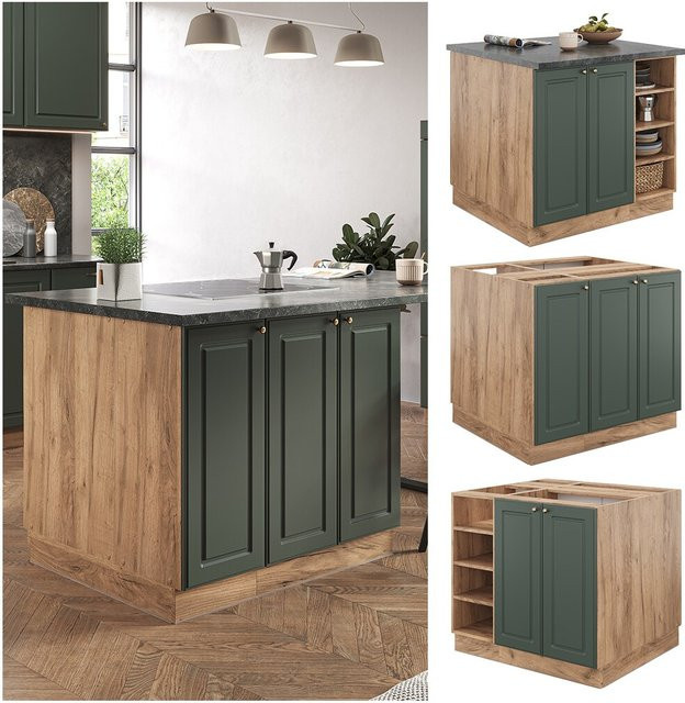 Vicco Kücheninsel Fame-Line Landhausstil Eiche Grün mit Gold-Akzenten und Softclose-Scharnieren, Breite: 90 cm - Bild 1
