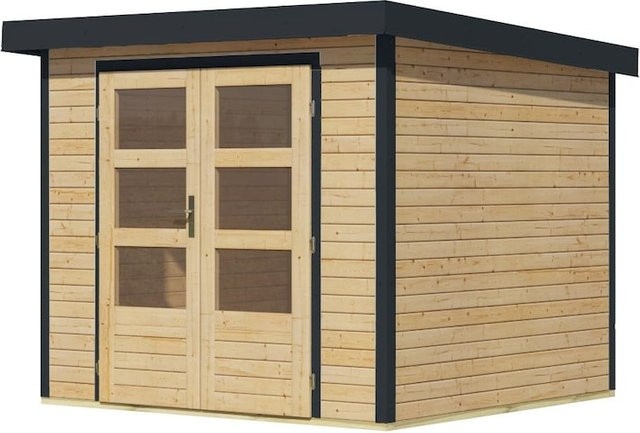 Karibu Gartenhaus Hollywood aus Holz und Metall in Braun mit Anbaudach - Bild 1