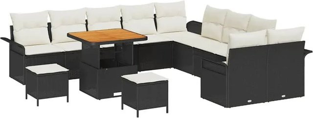 vidaXL Garten-Sofa-Set 13-teilig aus Poly-Rattan und Akazienholz in Schwarz-Creme mit Polstern und Tisch - Bild 1